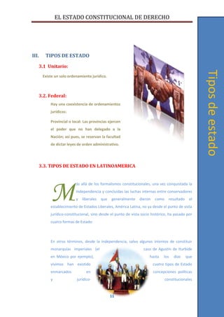 EL ESTADO CONSTITUCIONAL DE DERECHO
11
III. TIPOS DE ESTADO
3.1 Unitario:
Existe un solo ordenamiento jurídico.
3.2. Federal:
Hay una coexistencia de ordenamientos
jurídicos:
Provincial o local: Las provincias ejercen
el poder que no han delegado a la
Nación; así pues, se reservan la facultad
de dictar leyes de orden administrativo.
3.3. TIPOS DE ESTADO EN LATINOAMERICA
ás allá de los formalismos constitucionales, una vez conquistada la
Independencia y concluidas las luchas internas entre conservadores
y liberales que generalmente dieron como resultado el
establecimiento de Estados Liberales, América Latina, no ya desde el punto de vista
jurídico-constitucional, sino desde el punto de vista socio histórico, ha pasado por
cuatro formas de Estado:
En otros términos, desde la Independencia, salvo algunos intentos de constituir
monarquías imperiales (el caso de Agustín de Iturbide
en México por ejemplo), hasta los días que
vivimos han existido cuatro tipos de Estado
enmarcados en concepciones políticas
y jurídico- constitucionales
M Tiposdeestado
 