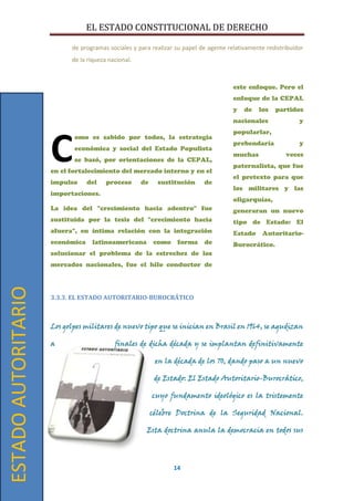 EL ESTADO CONSTITUCIONAL DE DERECHO
14
de programas sociales y para realizar su papel de agente relativamente redistribuidor
de la riqueza nacional.
omo es sabido por todos, la estrategia
económica y social del Estado Populista
se basó, por orientaciones de la CEPAL,
en el fortalecimiento del mercado interno y en el
impulso del proceso de sustitución de
importaciones.
La idea del "crecimiento hacia adentro" fue
sustituida por la tesis del "crecimiento hacia
afuera", en íntima relación con la integración
económica latinoamericana como forma de
solucionar el problema de la estrechez de los
mercados nacionales, fue el hilo conductor de
este enfoque. Pero el
enfoque de la CEPAL
y de los partidos
nacionales y
popularlar,
prebendaría y
muchas veces
paternalista, que fue
el pretexto para que
los militares y las
oligarquías,
generaran un nuevo
tipo de Estado: El
Estado Autoritario-
Burocrático.
3.3.3. EL ESTADO AUTORITARIO-BUROCRÁTICO
Los golpes militares de nuevo tipo que se inician en Brasil en 1964, se agudizan
a finales de dicha década y se implantan definitivamente
en la década de los 70, dando paso a un nuevo
de Estado: El Estado Autoritario-Burocrático,
cuyo fundamento ideológico es la tristemente
célebre Doctrina de la Seguridad Nacional.
Esta doctrina anula la democracia en todos sus
C
ESTADOAUTORITARIO
 