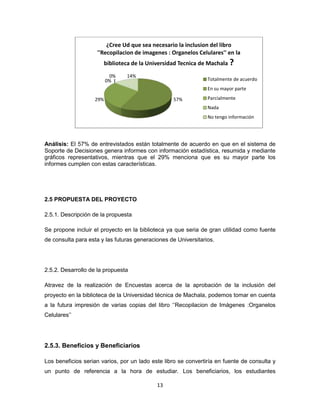 13
Análisis: El 57% de entrevistados están totalmente de acuerdo en que en el sistema de
Soporte de Decisiones genera informes con información estadística, resumida y mediante
gráficos representativos, mientras que el 29% menciona que es su mayor parte los
informes cumplen con estas características.
2.5 PROPUESTA DEL PROYECTO
2.5.1. Descripción de la propuesta
Se propone incluir el proyecto en la biblioteca ya que seria de gran utilidad como fuente
de consulta para esta y las futuras generaciones de Universitarios.
2.5.2. Desarrollo de la propuesta
Atravez de la realización de Encuestas acerca de la aprobación de la inclusión del
proyecto en la biblioteca de la Universidad técnica de Machala, podemos tomar en cuenta
a la futura impresión de varias copias del libro ‘’Recopilacion de Imágenes :Organelos
Celulares’’
2.5.3. Beneficios y Beneficiarios
Los beneficios serian varios, por un lado este libro se convertiría en fuente de consulta y
un punto de referencia a la hora de estudiar. Los beneficiarios, los estudiantes
57%29%
0%
0%
14%
¿Cree Ud que sea necesario la inclusion del libro
''Recopilacion de imagenes : Organelos Celulares'' en la
biblioteca de la Universidad Tecnica de Machala ?
Totalmente de acuerdo
En su mayor parte
Parcialmente
Nada
No tengo información
 