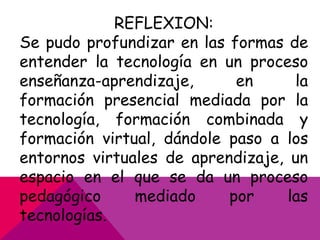 REFLEXION:
Se pudo profundizar en las formas de
entender la tecnología en un proceso
enseñanza-aprendizaje,
en
la
formación presencial mediada por la
tecnología, formación combinada y
formación virtual, dándole paso a los
entornos virtuales de aprendizaje, un
espacio en el que se da un proceso
pedagógico
mediado
por
las
tecnologías.

 