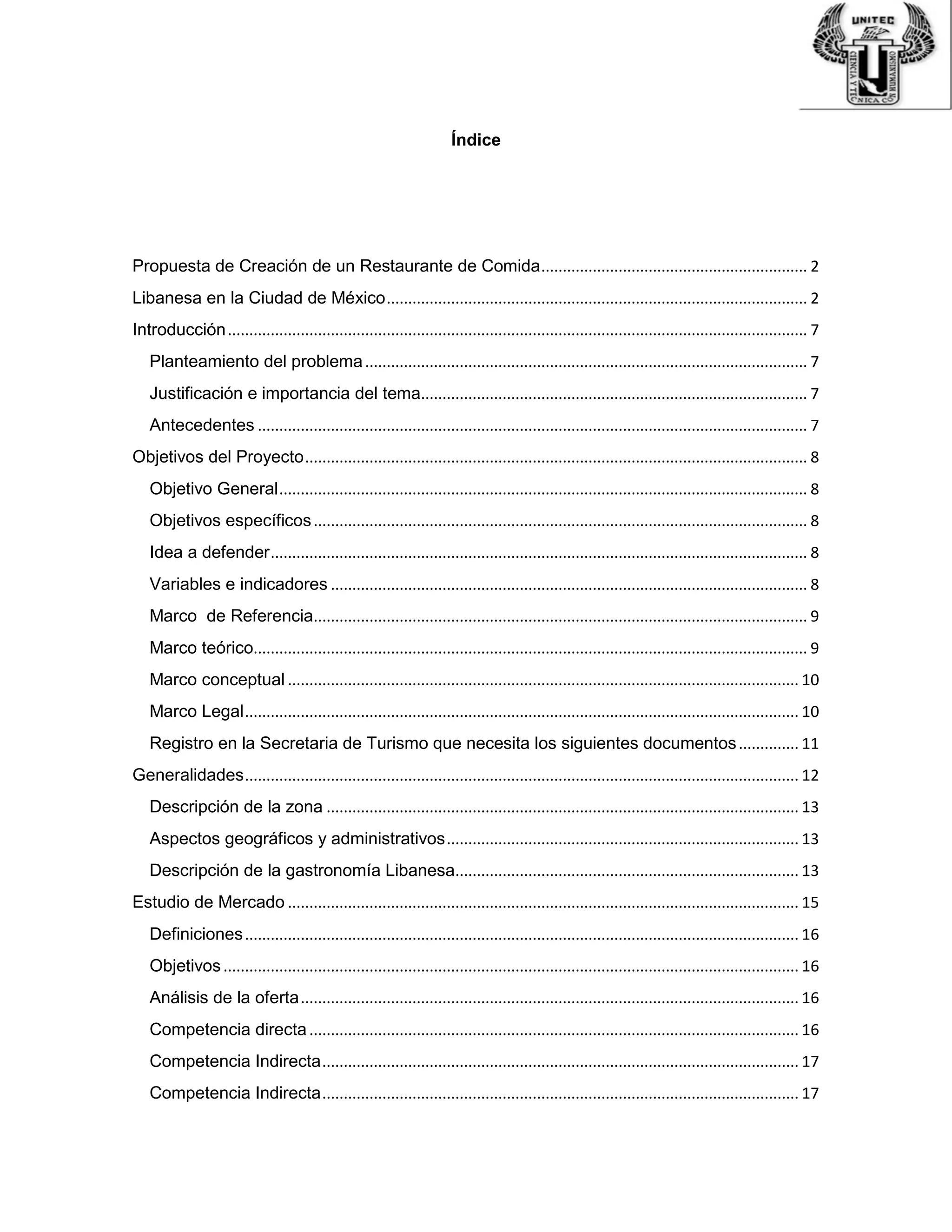 Índice
Propuesta de Creación de un Restaurante de Comida.............................................................. 2
Libanesa en la Ciudad de México.................................................................................................. 2
Introducción....................................................................................................................................... 7
Planteamiento del problema....................................................................................................... 7
Justificación e importancia del tema.......................................................................................... 7
Antecedentes ................................................................................................................................ 7
Objetivos del Proyecto..................................................................................................................... 8
Objetivo General........................................................................................................................... 8
Objetivos específicos................................................................................................................... 8
Idea a defender............................................................................................................................. 8
Variables e indicadores ............................................................................................................... 8
Marco de Referencia................................................................................................................... 9
Marco teórico................................................................................................................................. 9
Marco conceptual ....................................................................................................................... 10
Marco Legal................................................................................................................................. 10
Registro en la Secretaria de Turismo que necesita los siguientes documentos.............. 11
Generalidades................................................................................................................................. 12
Descripción de la zona .............................................................................................................. 13
Aspectos geográficos y administrativos.................................................................................. 13
Descripción de la gastronomía Libanesa................................................................................ 13
Estudio de Mercado ....................................................................................................................... 15
Definiciones................................................................................................................................. 16
Objetivos...................................................................................................................................... 16
Análisis de la oferta.................................................................................................................... 16
Competencia directa.................................................................................................................. 16
Competencia Indirecta............................................................................................................... 17
Competencia Indirecta............................................................................................................... 17
 
