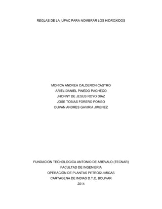 REGLAS DE LA IUPAC PARA NOMBRAR LOS HIDROXIDOS
MONICA ANDREA CALDERON CASTRO
ARIEL DANIEL PINEDO PACHECO
JHONNY DE JESUS ROYO DIAZ
JOSE TOBIAS FORERO POMBO
DUVAN ANDRES GAVIRIA JIMENEZ
FUNDACION TECNOLOGICA ANTONIO DE AREVALO (TECNAR)
FACULTAD DE INGENIERIA
OPERACIÓN DE PLANTAS PETROQUIMICAS
CARTAGENA DE INDIAS D.T.C, BOLIVAR
2014
 