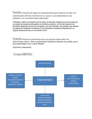 Disciplina: Conjunto de reglas de comportamiento para mantener el orden y la
subordinación entre los miembros de un cuerpo o una colectividad en una
profesión o en una determinada colectividad.
"disciplina militar; la disciplina de la clase; el diputado rebelde fue sancionado por
no acatar la disciplina del partido en la última votación; el Comité Superior de
Disciplina Deportiva sancionó al jugador con tres partidos; los estados que deseen
la integración deberán someterse a una disciplina monetaria estatuida por un
órgano supranacional y a una divisa única"
Formación: Nivel de conocimientos que una persona posee sobre una
determinada materia. "tiene una formación lingüística y literaria muy sólida, por lo
que puede llegar a ser un gran filólogo"
sinónimos: preparación
4.3 marco CONCEPTUAL
TAEKWONDO
COMBATE DE PIES Y
MANOS
UTILIZANDO ARMAS DE
ANTIGUOS Y
MODERNOS TIEMPOS
ELASTICIDAD
MANEJO DE ARMAS
DEFENSA PERSONAL
ACONDICIONAMIENTO
FISICO
KUNGFU
ARTES MARCIALES
MIXTAS
KING BOXING
ARTES MARCIALES
 