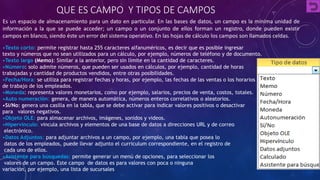 QUE ES CAMPO Y TIPOS DE CAMPOS 
Es un espacio de almacenamiento para un dato en particular. En las bases de datos, un campo es la mínima unidad de 
información a la que se puede acceder; un campo o un conjunto de ellos forman un registro, donde pueden existir 
campos en blanco, siendo éste un error del sistema operativo. En las hojas de cálculo los campos son llamados celdas. 
•Texto corto: permite registrar hasta 255 caracteres alfanuméricos, es decir que es posible ingresar 
texto y números que no sean utilizados para un cálculo, por ejemplo, números de teléfono y de documento. 
•Texto largo (Memo): Similar a la anterior, pero sin límite en la cantidad de caracteres. 
•Número: solo admite números, que pueden ser usados en cálculos, por ejemplo, cantidad de horas 
trabajadas y cantidad de productos vendidos, entre otras posibilidades. 
•Fecha/Hora: se utiliza para registrar fechas y horas, por ejemplo, las fechas de las ventas o los horarios 
de trabajo de los empleados. 
•Moneda: representa valores monetarios, como por ejemplo, salarios, precios de venta, costos, totales. 
•Auto numeración: genera, de manera automática, números enteros correlativos o aleatorios. 
•Si/No: genera una casilla en la tabla, que se debe activar para indicar valores positivos o desactivar 
para valores negativos. 
•Objeto OLE: para almacenar archivos, imágenes, sonidos y videos. 
•Hipervínculo: vincula archivos y elementos de una base de datos a direcciones URL y de correo 
electrónico. 
•Datos Adjuntos: para adjuntar archivos a un campo, por ejemplo, una tabla que posea lo 
datos de los empleados, puede llevar adjunto el curriculum correspondiente, en el registro de 
cada uno de ellos. 
•Asistente para búsquedas: permite generar un menú de opciones, para seleccionar los 
valores de un campo. Este campo de datos es para valores con poca o ninguna 
variación, por ejemplo, una lista de sucursales 
 