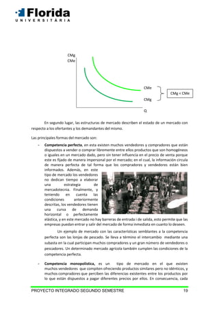 PROYECTO INTEGRADO SEGUNDO SEMESTRE 19
En segundo lugar, las estructuras de mercado describen el estado de un mercado con
respecto a los ofertantes y los demandantes del mismo.
Las principales formas del mercado son:
- Competencia perfecta, en esta existen muchos vendedores y compradores que están
dispuestos a vender o comprar libremente entre ellos productos que son homogéneos
o iguales en un mercado dado, pero sin tener influencia en el precio de venta porque
este es fijado de manera impersonal por el mercado; en el cual, la información circula
de manera perfecta de tal forma que los compradores y vendedores están bien
informados. Además, en este
tipo de mercado los vendedores
no dedican tiempo a elaborar
una estrategia de
mercadotecnia. Finalmente, y
teniendo en cuenta las
condiciones anteriormente
descritas, los vendedores tienen
una curva de demanda
horizontal o perfectamente
elástica, y en este mercado no hay barreras de entrada i de salida, esto permite que las
empresas puedan entrar y salir del mercado de forma inmediata en cuanto lo deseen.
Un ejemplo de mercado con las características semblantes a la competencia
perfecta son las lonjas de pescado. Se lleva a término el intercambio mediante una
subasta en la cual participan muchos compradores y un gran número de vendedores o
pescadores. Un determinado mercado agrícola también cumplen las condiciones de la
competencia perfecta.
- Competencia monopolística, es un tipo de mercado en el que existen
muchos vendedores que compiten ofreciendo productos similares pero no idénticos, y
muchos compradores que perciben las diferencias existentes entre los productos por
lo que están dispuestos a pagar diferentes precios por ellos. En consecuencia, cada
CMg
CMe
CMe
CMg
Q
CMg < CMe
 