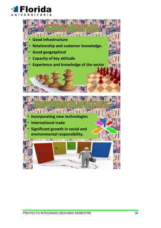PROYECTO INTEGRADO SEGUNDO SEMESTRE 39
• Good infrastructure
• Relationship and customer knowledge.
• Good geographical
• Capacity of key attitude
• Experience and knowledge of the sector
• Incorporating new technologies
• international trade
• Significant growth in social and
environmental responsibility.
 