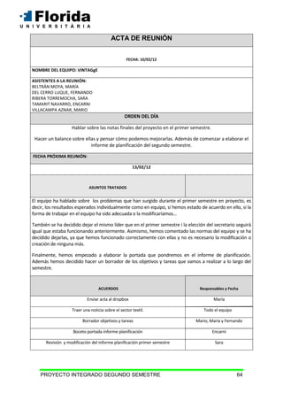 PROYECTO INTEGRADO SEGUNDO SEMESTRE 64
ACTA DE REUNIÓN
FECHA: 10/02/12
NOMBRE DEL EQUIPO: VINTAGgE
ASISTENTES A LA REUNIÓN:
BELTRÁN MOYA, MARÍA
DEL CERRO LUQUE, FERNANDO
RIBERA TORREMOCHA, SARA
TAMARIT NAVARRO, ENCARNI
VILLACAMPA AZNAR, MARIO
ORDEN DEL DÍA
Hablar sobre las notas finales del proyecto en el primer semestre.
Hacer un balance sobre ellas y pensar cómo podemos mejorarlas. Además de comenzar a elaborar el
informe de planificación del segundo semestre.
FECHA PRÓXIMA REUNIÓN:
13/02/12
ASUNTOS TRATADOS
El equipo ha hablado sobre los problemas que han surgido durante el primer semestre en proyecto, es
decir, los resultados esperados individualmente como en equipo, si hemos estado de acuerdo en ello, si la
forma de trabajar en el equipo ha sido adecuada o la modificaríamos…
También se ha decidido dejar el mismo líder que en el primer semestre i la elección del secretario seguirá
igual que estaba funcionando anteriormente. Asimismo, hemos comentado las normas del equipo y se ha
decidido dejarlas, ya que hemos funcionado correctamente con ellas y no es necesario la modificación o
creación de ninguna más.
Finalmente, hemos empezado a elaborar la portada que pondremos en el informe de planificación.
Además hemos decidido hacer un borrador de los objetivos y tareas que vamos a realizar a lo largo del
semestre.
ACUERDOS Responsables y Fecha
Enviar acta al dropbox María
Traer una noticia sobre el sector textil. Todo el equipo
Borrador objetivos y tareas Mario, Maria y Fernando
Boceto portada informe planificación Encarni
Revisión y modificación del informe planificación primer semestre Sara
 
