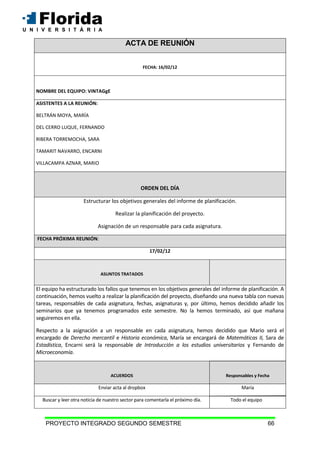 PROYECTO INTEGRADO SEGUNDO SEMESTRE 66
ACTA DE REUNIÓN
FECHA: 16/02/12
NOMBRE DEL EQUIPO: VINTAGgE
ASISTENTES A LA REUNIÓN:
BELTRÁN MOYA, MARÍA
DEL CERRO LUQUE, FERNANDO
RIBERA TORREMOCHA, SARA
TAMARIT NAVARRO, ENCARNI
VILLACAMPA AZNAR, MARIO
ORDEN DEL DÍA
Estructurar los objetivos generales del informe de planificación.
Realizar la planificación del proyecto.
Asignación de un responsable para cada asignatura.
FECHA PRÓXIMA REUNIÓN:
17/02/12
ASUNTOS TRATADOS
El equipo ha estructurado los fallos que tenemos en los objetivos generales del informe de planificación. A
continuación, hemos vuelto a realizar la planificación del proyecto, diseñando una nueva tabla con nuevas
tareas, responsables de cada asignatura, fechas, asignaturas y, por último, hemos decidido añadir los
seminarios que ya tenemos programados este semestre. No la hemos terminado, así que mañana
seguiremos en ella.
Respecto a la asignación a un responsable en cada asignatura, hemos decidido que Mario será el
encargado de Derecho mercantil e Historia económica, María se encargará de Matemáticas II, Sara de
Estadística, Encarni será la responsable de Introducción a los estudios universitarios y Fernando de
Microeconomía.
ACUERDOS Responsables y Fecha
Enviar acta al dropbox María
Buscar y leer otra noticia de nuestro sector para comentarla el próximo día. Todo el equipo
 