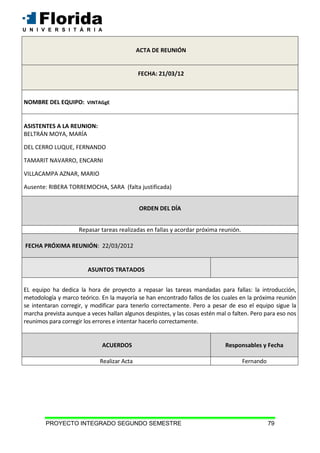 PROYECTO INTEGRADO SEGUNDO SEMESTRE 79
FECHA: 21/03/12
NOMBRE DEL EQUIPO: VINTAGgE
ASISTENTES A LA REUNION:
BELTRÁN MOYA, MARÍA
DEL CERRO LUQUE, FERNANDO
TAMARIT NAVARRO, ENCARNI
VILLACAMPA AZNAR, MARIO
Ausente: RIBERA TORREMOCHA, SARA (falta justificada)
ORDEN DEL DÍA
Repasar tareas realizadas en fallas y acordar próxima reunión.
FECHA PRÓXIMA REUNIÓN: 22/03/2012
ASUNTOS TRATADOS
EL equipo ha dedica la hora de proyecto a repasar las tareas mandadas para fallas: la introducción,
metodología y marco teórico. En la mayoría se han encontrado fallos de los cuales en la próxima reunión
se intentaran corregir, y modificar para tenerlo correctamente. Pero a pesar de eso el equipo sigue la
marcha prevista aunque a veces hallan algunos despistes, y las cosas estén mal o falten. Pero para eso nos
reunimos para corregir los errores e intentar hacerlo correctamente.
ACUERDOS Responsables y Fecha
Realizar Acta Fernando
ACTA DE REUNIÓN
 
