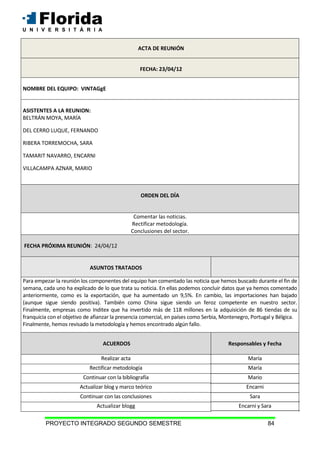 PROYECTO INTEGRADO SEGUNDO SEMESTRE 84
ACTA DE REUNIÓN
FECHA: 23/04/12
NOMBRE DEL EQUIPO: VINTAGgE
ASISTENTES A LA REUNION:
BELTRÁN MOYA, MARÍA
DEL CERRO LUQUE, FERNANDO
RIBERA TORREMOCHA, SARA
TAMARIT NAVARRO, ENCARNI
VILLACAMPA AZNAR, MARIO
ORDEN DEL DÍA
Comentar las noticias.
Rectificar metodología.
Conclusiones del sector.
FECHA PRÓXIMA REUNIÓN: 24/04/12
ASUNTOS TRATADOS
Para empezar la reunión los componentes del equipo han comentado las noticia que hemos buscado durante el fin de
semana, cada uno ha explicado de lo que trata su noticia. En ellas podemos concluir datos que ya hemos comentado
anteriormente, como es la exportación, que ha aumentado un 9,5%. En cambio, las importaciones han bajado
(aunque sigue siendo positiva). También como China sigue siendo un feroz competente en nuestro sector.
Finalmente, empresas como Inditex que ha invertido más de 118 millones en la adquisición de 86 tiendas de su
franquicia con el objetivo de afianzar la presencia comercial, en países como Serbia, Montenegro, Portugal y Bélgica.
Finalmente, hemos revisado la metodología y hemos encontrado algún fallo.
ACUERDOS Responsables y Fecha
Realizar acta María
Rectificar metodología María
Continuar con la bibliografía Mario
Actualizar blog y marco teórico Encarni
Continuar con las conclusiones Sara
Actualizar blogg Encarni y Sara
 