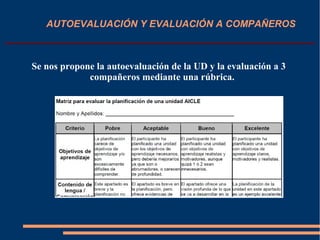 AUTOEVALUACIÓN Y EVALUACIÓN A COMPAÑEROS
Se nos propone la autoevaluación de la UD y la evaluación a 3
compañeros mediante una rúbrica.
 