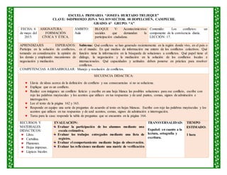 ESCUELA PRIMARIA “JOSEFA HURTADO TRUJEQUE”
CLAVE: 04DPR0302O ZONA NO. 019 SECTOR. 08 HOPELCHÉN, CAMPECHE.
GRADO: 6° GRUPO: “A”
FECHA: 6
de mayo del
2015.
ASIGNATURA:
FORMACIÓN
CÍVICA Y ÉTICA.
ÁMBITO:
Aula
BLOQUE V: Acontecimientos
sociales que demandan la
participación ciudadana.
Contenido: Los conflictos: un
componente de la convivencia diaria.
LECCIÓN: 17.
APRENDIZAJES ESPERADOS:
Participa en la solución de conflictos,
tomando en consideración la opinión de
los demás y empleando mecanismos de
negociación y mediación.
Subtema: Qué conflictos se han generado recientemente en la región donde vivo, en el país o
en el mundo. En qué medios de información me entero de los conflictos colectivos. Qué
función tiene la información en la búsqueda de soluciones a conflictos. Qué papel tiene el
diálogo, la negociación y la mediación en la solución de los conflictos locales e
internacionales. Qué capacidades y actitudes deben ponerse en práctica para resolver
conflictos.
COMPETENCIAS A DESARROLLAR: Manejo y resolución de conflictos.
SECUENCIA DIDACTICA:
 Lluvia de ideas acerca de la definición de conflicto y sus consecuencias si no se soluciona.
 Explique que es un conflicto.
 Realice con imágenes un conflicto ficticio y escribe en una hoja blanca las posibles soluciones para ese conflicto, escribe con
rojo las palabras mayúsculas y los acentos que utilices en tus respuestas y de azul puntos, comas, signos de admiración e
interrogación.
 Lee el texto de la página 162 y 163.
 Responde en equipo una serie de preguntas de acuerdo al texto en hojas blancas. Escribe con rojo las palabras mayúsculas y los
acentos que utilices en tus respuestas y de azul acentos, comas, signos de admiración e interrogación.
 Tarea para la casa: responde la tabla de preguntas que se encuentra en la página 164.
RECURSOS Y
MATERIALES
DIDÁCTICOS:
 Libro.
 Cartulina.
 Plumones.
 Hojas impresas.
 Lápices bicolor.
EVALUACIÓN:
Evaluar la participación de los alumnos mediante una
escala estimativa.
Evaluar los trabajos entregados mediante una lista de
registro.
Evaluar el comportamiento mediante hojas de observación.
Evaluar las reflexiones mediante una matriz de verificación
TRANSVERSALIDAD:
Español: en cuanto a la
lectura, ortografía y
escritura.
TIEMPO
ESTIMADO:
1 hora
 