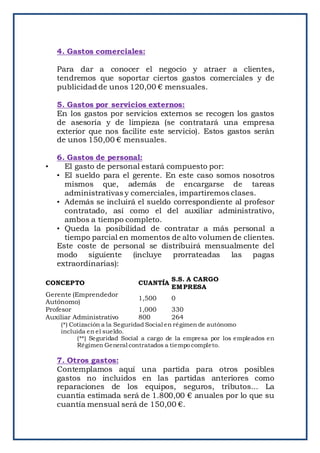 4. Gastos comerciales:
Para dar a conocer el negocio y atraer a clientes,
tendremos que soportar ciertos gastos comerciales y de
publicidad de unos 120,00 € mensuales.
5. Gastos por servicios externos:
En los gastos por servicios externos se recogen los gastos
de asesoría y de limpieza (se contratará una empresa
exterior que nos facilite este servicio). Estos gastos serán
de unos 150,00 € mensuales.
6. Gastos de personal:
• El gasto de personal estará compuesto por:
• El sueldo para el gerente. En este caso somos nosotros
mismos que, además de encargarse de tareas
administrativas y comerciales, impartiremos clases.
• Además se incluirá el sueldo correspondiente al profesor
contratado, así como el del auxiliar administrativo,
ambos a tiempo completo.
• Queda la posibilidad de contratar a más personal a
tiempo parcial en momentos de alto volumen de clientes.
Este coste de personal se distribuirá mensualmente del
modo siguiente (incluye prorrateadas las pagas
extraordinarias):
CONCEPTO CUANTÍA
S.S. A CARGO
EMPRESA
Gerente (Emprendedor
Autónomo)
1,500 0
Profesor 1,000 330
Auxiliar Administrativo 800 264
(*) Cotización a la Seguridad Social en régimen de autónomo
incluida en el sueldo.
(**) Seguridad Social a cargo de la empresa por los empleados en
Régimen General contratados a tiempo completo.
7. Otros gastos:
Contemplamos aquí una partida para otros posibles
gastos no incluidos en las partidas anteriores como
reparaciones de los equipos, seguros, tributos... La
cuantía estimada será de 1.800,00 € anuales por lo que su
cuantía mensual será de 150,00 €.
 