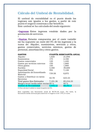 Cálculo del Umbral de Rentabilidad.
El umbral de rentabilidad es el punto donde los
ingresos son iguales a los gastos, a partir de este
punto el negocio comienza a dar beneficio.
Este umbral se ha calculado del modo siguiente:
•Ingresos: Estos ingresos vendrán dados por la
prestación de servicios.
•
•Gastos: Estarán compuestos por el coste variable
(se ha supuesto un coste del 5% de los ingresos) y la
suma de: Alquiler, suministros, servicios y otros,
gastos comerciales, servicios externos, gastos de
personal, amortización y otros gastos.
GASTOS CUANTÍA MESCUANTÍA ANUAL
Alquiler 1,820 21,840
Suministros 175 2,100
Gastos comerciales 120 1,440
Gastos por servicios externos 150 1,800
Otros gastos 150 1,800
Sueldos 3,300 39,600
Seguridad Social 594 7,128
Amortización del Inmovilizado
Material
739.58 8,875
Gastos a Distribuir en varios
Ejercicios
52.78 633.33
Total gastos fijos Estimados 7,101.36 85,216.33
Margen bruto medio sobre ventas 95 % 95 %
Umbral de Rentabilidad 7,475.12 89,701.4
(*) Para calcular el umbral se toman los gastos sin IVA.
Esto supondría una facturación anual de 89.701,40 euros. Por tanto, la
facturación media mensual para mantener el negocio es de 7.475,12 euros.
 