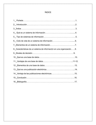 ÍNDICE
1._ Portada………………………………………………………………………...1.
2._ Introducción…………………………………………………………………...2.
3._Índice……………………………………………………………………………3.
4._ Qué es un sistema de información…………………………………...........4.
5._ Tipo de sistemas de información……………………………………………5.
6._ Ciclo de vida de un sistema de información………………………...........6.
7._Elementos de un sistema de información………………………………….7.
8._Características de un sistema de información en una organización……8.
9._Niveles de decisión…………………………………………………………9.
10._Qué es una base de datos…………………………………………………10.
11._Ventajas de una base de datos………………………………………...11-12.
12._Elementos de una base de datos…………………………………………13.
13._Qué es una publicación electrónica……………………………………....14.
14._Ventaja de las publicaciones electrónicas……………………………….15.
15._Conclusión……………………………………………………………….….16.
16._Bibliografía…………………………………………………………………..17.
 