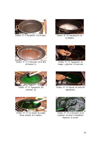20
Grafico N° 9: Recipiente con 8c/agua. Grafico N° 10: Introducción de
2c/almidón.
Grafico N° 11: Colocación de la fibra
de banano 2c.
Grafico N° 12: Agregación de
vinagre y glicerina 2c/cada una.
Grafico N° 13: Agregación del
colorante 3g.
Grafico N° 14: Mezcla de todos los
ingredientes.
Grafico N° 15: La mezcla ha cogido
forma después de 2 minutos.
Grafico N° 16: Colocación en un
recipiente de metal el bioplástico
dispuesto al secado.
 