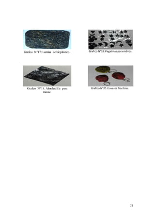 21
Grafico N°17: Lamina de bioplástico. Grafico N°18: Pegatinas para vidrios.
Grafico N°19: Almohadilla para
mouse.
Grafico N°20: Llaveros flexibles.
 