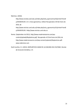23
Martínez. (2010).
http://www.revistas.unal.edu.co/index.php/acta_agronomica/rt/printerFriendl
y/34549/45145. (V. 6. Acta agronomica, Editor) Recuperado el 29 de Enero de
2016, de
http://www.revistas.unal.edu.co/index.php/acta_agronomica/rt/printerFriendl
y/34549/45145: htttp://www.revistas.unal.edu.co
Remar. (Septiembre de 2011). http://www.modernanavarra.com/wp-
content/uploads/Bioplasticos.pdf. Recuperado el 23 de Enero de 2016, de
http://www.modernanavarra.com/wp-content/uploads/Bioplasticos.pdf:
www.rederemar.com
Ruth Castillo, E. E. (2015). BIOPLÁSTICO A BASE DE LA CASCARA DEL PLATANO. Revista
de Iniciación Científica, 1-4.
 