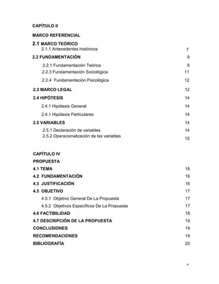 v
CAPÍTULO II
MARCO REFERENCIAL
2.1 MARCO TEÓRICO
2.1.1 Antecedentes históricos 7
2.2 FUNDAMENTACIÓN
2.2.1 Fundamentación Teórica
9
9
2.2.3 Fundamentación Sociológica
2.2.4 Fundamentación Psicológica
11
12
2.3 MARCO LEGAL
2.4 HIPÓTESIS
2.4.1 Hipótesis General
2.4.1 Hipótesis Particulares
2.5 VARIABLES
12
14
14
14
14
2.5.1 Declaración de variables
2.5.2 Operacionalización de las variables
14
15
CAPÍTULO IV
PROPUESTA
4.1 TEMA 16
4.2 FUNDAMENTACIÓN 16
4.3 JUSTIFICACIÓN 16
4.5 OBJETIVO 17
4.5.1 Objetivo General De La Propuesta 17
4.5.2 Objetivos Específicos De La Propuesta 17
4.6 FACTIBILIDAD 18
4.7 DESCRIPCIÓN DE LA PROPUESTA 19
CONCLUSIONES 19
RECOMENDACIONES 19
BIBLIOGRAFÍA 20
 