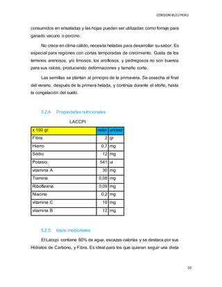 CORDON BLEUPERU
10
consumidos en ensaladas y las hojas pueden ser utilizadas como forraje para
ganado vacuno o porcino.
No crece en clima cálido, necesita heladas para desarrollar su sabor. Es
especial para regiones con cortas temporadas de crecimiento. Gusta de los
terrenos arenosos, y/o limosos; los arcillosos, y pedregosos no son buenos
para sus raíces, produciendo deformaciones y tamaño corto.
Las semillas se plantan al principio de la primavera. Se cosecha al final
del verano, después de la primera helada, y continúa durante el otoño, hasta
la congelación del suelo.
5.2.4. Propiedades nutricionales
LACCPI
x 100 gr valor unidad
Fibra 2 gr
Hierro 0,7 mg
Sodio 12 mg
Potasio 541 ui
vitamina A 30 mg
Tiamina 0,08 mg
Riboflavina 0,09 mg
Niacina 0,2 mg
vitamina C 16 mg
vitamina B 12 mg
5.2.5. Usos medicinales
El Laccpi contiene 80% de agua, escazas calorías y se destaca por sus
Hidratos de Carbono, y Fibra. Es ideal para los que quieran seguir una dieta
 