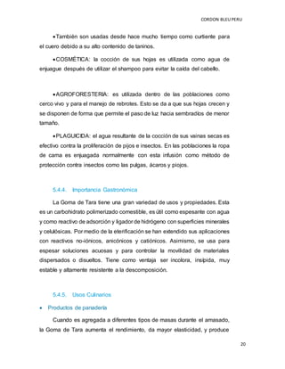 CORDON BLEUPERU
20
También son usadas desde hace mucho tiempo como curtiente para
el cuero debido a su alto contenido de taninos.
COSMÉTICA: la cocción de sus hojas es utilizada como agua de
enjuague después de utilizar el shampoo para evitar la caída del cabello.
AGROFORESTERIA: es utilizada dentro de las poblaciones como
cerco vivo y para el manejo de rebrotes. Esto se da a que sus hojas crecen y
se disponen de forma que permite el paso de luz hacia sembradíos de menor
tamaño.
PLAGUICIDA: el agua resultante de la cocción de sus vainas secas es
efectivo contra la proliferación de pijos e insectos. En las poblaciones la ropa
de cama es enjuagada normalmente con esta infusión como método de
protección contra insectos como las pulgas, ácaros y piojos.
5.4.4. Importancia Gastronómica
La Goma de Tara tiene una gran variedad de usos y propiedades. Esta
es un carbohidrato polimerizado comestible, es útil como espesante con agua
y como reactivo de adsorción y ligador de hidrógeno con superficies minerales
y celulósicas. Por medio de la eterificación se han extendido sus aplicaciones
con reactivos no-iónicos, anicónicos y catiónicos. Asimismo, se usa para
espesar soluciones acuosas y para controlar la movilidad de materiales
dispersados o disueltos. Tiene como ventaja ser incolora, insípida, muy
estable y altamente resistente a la descomposición.
5.4.5. Usos Culinarios
 Productos de panadería
Cuando es agregada a diferentes tipos de masas durante el amasado,
la Goma de Tara aumenta el rendimiento, da mayor elasticidad, y produce
 