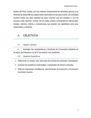CORDON BLEUPERU
5
fértiles del Perú, cuenta con una extensa biodiversidad de alimentos gracias a su
facilidad de desarrollo los cuales están destinados al mercado limeño. Sin embargo
también existe una gran cantidad de estos insumos que son silvestre y son de
escasa o nula cosecha, muchos de los cuales poseen características nutricionales
ideales, sabores, colores y consistencias que pueden ser explotadas para usos
medicinales y culinarios
4. OBJETIVOS
4.1. Objetivo General
 Investigar las características y funciones de 3 productos silvestres de
la región de Pacaraos con el fin de conocer sus beneficios
4.2. Objetivos Específicos
 Determinar la manera más adecuada de cocinar los productos investigados
 Conocer los beneficios medicinales o industriales de dichos productos
 Elaborar propuestas estratégicas para fomentar la producción y el consumo
de dichos insumos
 