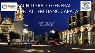 BACHILLERATO GENERAL
OFICIAL ‘’EMILIANO ZAPATA’’
ALEJANDRO ROMERO GONZALEZ
CUARTO SEMESTRE GRUPO: ‘’A’’
REGION 7 TEHUACAN
GASTRONOMIA
 