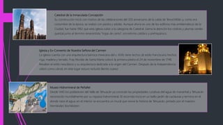 Catedral de la Inmaculada Concepción
Su construcción inició con motivo de las celebraciones del 203 aniversario de la caída de Tenochtitlán y, como era
costumbre de la época, se realizó con piedra y adobe. Aunque ahora es uno de los edificios más emblemáticos de la
Ciudad, fue hasta 1962 que esta iglesia subió a la categoría de Catedral. Llama la atención los códices y plumas verdes
quetzal junto al término renacentista "hojas de canto"; sincretismo católico y prehispánico.
Iglesia y Ex-Convento de Nuestra Señora del Carmen
La iglesia cuenta con una arquitectura barroca mexicana del s. XVIII, tiene techos de estilo franciscano hechos
viga, madera y terrado. Fray Nicolás de Santa María colocó la primera piedra el 24 de noviembre de 1748.
Resaltan el estilo neoclásico y su arquitectura dedicada a la virgen del Carmen. Después de la Independencia
utilizó como cárcel, en este lugar estuvo recluido Benito Juárez.
Museo Hidromineral de Peñafiel
Desde 1445 los pobladores del Valle de Tehuacán ya conocían las propiedades curativas del agua de manantial y Tehuacán
reconocido mundialmente por su riqueza hidromineral. El recorrido inicia en un bello jardín de cactáceas y termina en el
donde nace el agua; en el interior se encuentra un mural que revive la historia de Tehuacán, pintado por el maestro
Hernández Xochiliotzin.
 