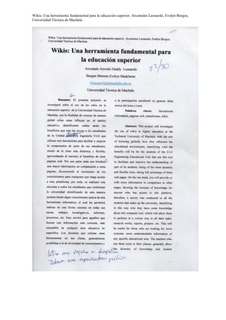 Wikis: Una herramienta fundamental para la educación superior, Arcentales Leonardo, Evelyn Burgos,
Universidad Técnica de Machala
 