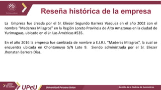 Reseña histórica de la empresa
Gestión de la Cadena de Suministros
La Empresa fue creada por el Sr. Eliezer Segundo Barrera Vásquez en el año 2002 con el
nombre “Maderera Milagros” en la Región Loreto Provincia de Alto Amazonas en la ciudad de
Yurimaguas, ubicado en el Jr. Las Américas #535.
En el año 2016 la empresa fue cambiada de nombre a E.I.R.L “Maderas Milagros”, la cual se
encuentra ubicada en Chontamuyo S/N Lote 9. Siendo administrada por el Sr. Eliezer
Jhonatan Barrera Díaz.
 
