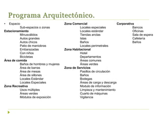 Programa Arquitectónico.
• Espacio
Sub-espacios o zonas
Estacionamiento
Minusválidos
Autos grandes
Autos chicos
Patio de maniobras
Embarazadas
Con niños
Bicicletas
Área de comida
Baños de hombres y mujeres
Área de barras
Área de mesas
Área de sillones
Locales Estándar
Locales Especiales
Zona Recreativa
Usos múltiples
Áreas verdes
Módulos de exposición
Zona Comercial
Locales especiales
Locales estándar
Tiendas anclas
Islas
Baños
Locales perimetrales
Zona Habitacional
Hotel
Departamentos
Áreas comunes
Áreas verdes
Zona de Servicios
Pasillos de circulación
Baños
Bodegas
Áreas de carga y descarga
Modulo de información
Limpieza y mantenimiento
Cuarto de máquinas
Vigilancia
Corporativa
Bancos
Oficinas
Sala de espera
Cafetería
Baños
 