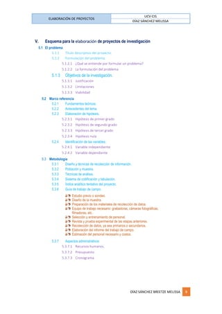 ELABORACIÓN DE PROYECTOS
UCV-CIS
DÍAZ SÁNCHEZ MELISSA
DÍAZ SÁNCHEZ BREETZE MELISSA B
V. Esquema para la elaboración de proyectos de investigación
5.1 El problema
5.1.1 Título descriptivo del proyecto.
5.1.2 Formulación del problema.
5.1.2.1 ¿Qué se entiende por formular un problema?
5.1.2.2 La formulación del problema
5.1.3 Objetivos de la investigación.
5.1.3.1 Justificación
5.1.3.2 Limitaciones
5.1.3.3 Viabilidad
5.2 Marco referencia
5.2.1 Fundamentos teóricos.
5.2.2 Antecedentes del tema.
5.2.3 Elaboración de hipótesis.
5.2.3.1 Hipótesis de primer grado
5.2.3.2 Hipótesis de segundo grado
5.2.3.3 Hipótesis de tercer grado
5.2.3.4 Hipótesis nula
5.2.4 Identificación de las variables.
5.2.4.1 Variable independiente
5.2.4.2 Variable dependiente
5.3 Metodología
5.3.1 Diseño y técnicas de recolección de información.
5.3.2 Población y muestra.
5.3.3 Técnicas de análisis.
5.3.4 Sistema de codificación y tabulación.
5.3.5 Índice analítico tentativo del proyecto.
5.3.6 Guía de trabajo de campo.
Estudio previo o sondeo.
Diseño de la muestra.
Preparación de los materiales de recolección de datos.
Equipo de trabajo necesario: grabadoras, cámaras fotográficas,
filmadoras, etc.
Selección y entrenamiento de personal.
Revista y prueba experimental de las etapas anteriores.
Recolección de datos, ya sea primarios o secundarios.
Elaboración del informe del trabajo de campo.
Estimación del personal necesario y costos.
5.3.7 Aspectos administrativos
5.3.7.1 Recursos humanos.
5.3.7.2 Presupuesto.
5.3.7.3 Cronograma.
 