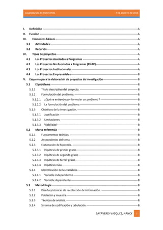ELABORACIÓN DE PROYECTOS 7 DE AGOSTO DE 2019
SAYAVERDI VASQUEZ, NANCY i
I. Definición ------------------------------------------------------------------------------------------------------A
II. Función ---------------------------------------------------------------------------------------------------------A
III. Elementos básicos ----------------------------------------------------------------------------------------A
3.1 Actividades ----------------------------------------------------------------------------------------------A
3.2 Recursos--------------------------------------------------------------------------------------------------A
IV. Tipos de proyectos----------------------------------------------------------------------------------------A
4.1 Los Proyectos Asociados a Programas -----------------------------------------------------------A
4.2 Los Proyectos No Asociados a Programas (PNAP)---------------------------------------------A
4.3 Los Proyectos Institucionales-----------------------------------------------------------------------A
4.4 Los Proyectos Empresariales------------------------------------------------------------------------B
V. Esquema para la elaboración de proyectos de investigación-------------------------------------B
5.1 El problema ---------------------------------------------------------------------------------------------B
5.1.1 Título descriptivo del proyecto. --------------------------------------------------------------B
5.1.2 Formulación del problema.--------------------------------------------------------------------B
5.1.2.1 ¿Qué se entiende por formular un problema? ----------------------------------------B
5.1.2.2 La formulación del problema --------------------------------------------------------------B
5.1.3 Objetivos de la investigación.-----------------------------------------------------------------B
5.1.3.1 Justificación------------------------------------------------------------------------------------B
5.1.3.2 Limitaciones -----------------------------------------------------------------------------------B
5.1.3.3 Viabilidad---------------------------------------------------------------------------------------B
5.2 Marco referencia --------------------------------------------------------------------------------------B
5.2.1 Fundamentos teóricos.-------------------------------------------------------------------------B
5.2.2 Antecedentes del tema.------------------------------------------------------------------------B
5.2.3 Elaboración de hipótesis. ----------------------------------------------------------------------B
5.2.3.1 Hipótesis de primer grado------------------------------------------------------------------B
5.2.3.2 Hipótesis de segundo grado ---------------------------------------------------------------B
5.2.3.3 Hipótesis de tercer grado-------------------------------------------------------------------B
5.2.3.4 Hipótesis nula ---------------------------------------------------------------------------------B
5.2.4 Identificación de las variables.----------------------------------------------------------------B
5.2.4.1 Variable independiente ---------------------------------------------------------------------B
5.2.4.2 Variable dependiente------------------------------------------------------------------------B
5.3 Metodología --------------------------------------------------------------------------------------------B
5.3.1 Diseño y técnicas de recolección de información. ---------------------------------------B
5.3.2 Población y muestra.----------------------------------------------------------------------------B
5.3.3 Técnicas de análisis.-----------------------------------------------------------------------------B
5.3.4 Sistema de codificación y tabulación.-------------------------------------------------------B
 