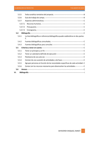 ELABORACIÓN DE PROYECTOS 7 DE AGOSTO DE 2019
SAYAVERDI VASQUEZ, NANCY ii
5.3.5 Índice analítico tentativo del proyecto. ----------------------------------------------------B
5.3.6 Guía de trabajo de campo. --------------------------------------------------------------------B
5.3.7 Aspectos administrativos ----------------------------------------------------------------------C
5.3.7.1 Recursos humanos. --------------------------------------------------------------------------C
5.3.7.2 Presupuesto.-----------------------------------------------------------------------------------C
5.3.7.3 Cronograma.-----------------------------------------------------------------------------------C
5.4 Bibliografía ----------------------------------------------------------------------------------------------C
5.4.1 La lista bibliográfica o referencia bibliográfica puede subdividirse en dos partes:
C
5.4.2 Fuentes bibliográficas consultadas. ---------------------------------------------------------C
5.4.3 Fuentes bibliográficas para consultar. ------------------------------------------------------C
5.5 Criterios a tener en cuenta--------------------------------------------------------------------------C
5.5.1 Tener un principio y un fin---------------------------------------------------------------------C
5.5.2 Tener un calendario definido de ejecución------------------------------------------------C
5.5.3 Plantearse de una sola vez --------------------------------------------------------------------C
5.5.4 Constar de una sucesión de actividades o de fases--------------------------------------C
5.5.5 Agrupar personas en función de las necesidades específicas de cada actividad--C
5.5.6 Contar con los recursos necesarios para desenvolver las actividades---------------C
5.6 Anexos----------------------------------------------------------------------------------------------------C
VI. Bibliografía --------------------------------------------------------------------------------------------------i
 
