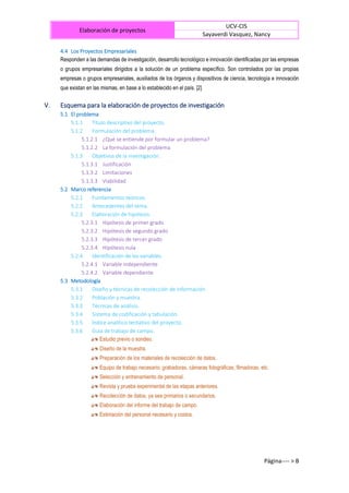 Elaboración de proyectos
UCV-CIS
Sayaverdi Vasquez, Nancy
Página---- > B
4.4 Los Proyectos Empresariales
Responden a las demandas de investigación, desarrollo tecnológico e innovación identificadas por las empresas
o grupos empresariales dirigidos a la solución de un problema específico. Son controlados por las propias
empresas o grupos empresariales, auxiliados de los órganos y dispositivos de ciencia, tecnología e innovación
que existan en las mismas, en base a lo establecido en el país. [2]
V. Esquema para la elaboración de proyectos de investigación
5.1 El problema
5.1.1 Título descriptivo del proyecto.
5.1.2 Formulación del problema.
5.1.2.1 ¿Qué se entiende por formular un problema?
5.1.2.2 La formulación del problema
5.1.3 Objetivos de la investigación.
5.1.3.1 Justificación
5.1.3.2 Limitaciones
5.1.3.3 Viabilidad
5.2 Marco referencia
5.2.1 Fundamentos teóricos.
5.2.2 Antecedentes del tema.
5.2.3 Elaboración de hipótesis.
5.2.3.1 Hipótesis de primer grado
5.2.3.2 Hipótesis de segundo grado
5.2.3.3 Hipótesis de tercer grado
5.2.3.4 Hipótesis nula
5.2.4 Identificación de las variables.
5.2.4.1 Variable independiente
5.2.4.2 Variable dependiente
5.3 Metodología
5.3.1 Diseño y técnicas de recolección de información.
5.3.2 Población y muestra.
5.3.3 Técnicas de análisis.
5.3.4 Sistema de codificación y tabulación.
5.3.5 Índice analítico tentativo del proyecto.
5.3.6 Guía de trabajo de campo.
Estudio previo o sondeo.
Diseño de la muestra.
Preparación de los materiales de recolección de datos.
Equipo de trabajo necesario: grabadoras, cámaras fotográficas, filmadoras, etc.
Selección y entrenamiento de personal.
Revista y prueba experimental de las etapas anteriores.
Recolección de datos, ya sea primarios o secundarios.
Elaboración del informe del trabajo de campo.
Estimación del personal necesario y costos.
 
