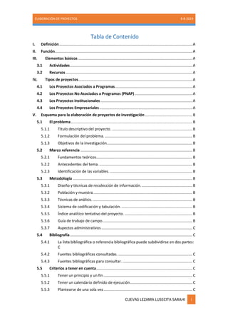 ELABORACIÓN DE PROYECTOS 8-8-2019
CUEVAS LEZAMA LUSECITA SARAHI i
Tabla de Contenido
I. Definición..............................................................................................................................A
II. Función..................................................................................................................................A
III. Elementos básicos ............................................................................................................A
3.1 Actividades....................................................................................................................A
3.2 Recursos........................................................................................................................A
IV. Tipos de proyectos............................................................................................................A
4.1 Los Proyectos Asociados a Programas.........................................................................A
4.2 Los Proyectos No Asociados a Programas (PNAP).......................................................A
4.3 Los Proyectos Institucionales.......................................................................................A
4.4 Los Proyectos Empresariales........................................................................................A
V. Esquema para la elaboración de proyectos de investigación.............................................B
5.1 El problema...................................................................................................................B
5.1.1 Título descriptivo del proyecto. ............................................................................B
5.1.2 Formulación del problema....................................................................................B
5.1.3 Objetivos de la investigación.................................................................................B
5.2 Marco referencia ..........................................................................................................B
5.2.1 Fundamentos teóricos...........................................................................................B
5.2.2 Antecedentes del tema.........................................................................................B
5.2.3 Identificación de las variables. ..............................................................................B
5.3 Metodología .................................................................................................................B
5.3.1 Diseño y técnicas de recolección de información.................................................B
5.3.2 Población y muestra..............................................................................................B
5.3.3 Técnicas de análisis. ..............................................................................................B
5.3.4 Sistema de codificación y tabulación. ...................................................................B
5.3.5 Índice analítico tentativo del proyecto. ................................................................B
5.3.6 Guía de trabajo de campo.....................................................................................B
5.3.7 Aspectos administrativos ......................................................................................C
5.4 Bibliografía....................................................................................................................C
5.4.1 La lista bibliográfica o referencia bibliográfica puede subdividirse en dos partes:
C
5.4.2 Fuentes bibliográficas consultadas. ......................................................................C
5.4.3 Fuentes bibliográficas para consultar. ..................................................................C
5.5 Criterios a tener en cuenta...........................................................................................C
5.5.1 Tener un principio y un fin ....................................................................................C
5.5.2 Tener un calendario definido de ejecución...........................................................C
5.5.3 Plantearse de una sola vez....................................................................................C
 