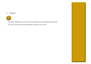 VI. Bibliografía
[1] N. Avalos, «WIKIPEDIA,» 25 abril 2015. [En línea]. Available: https://es.wikipedia.org/wiki/Proyecto.
[2] J. Lezama, Interviewee, Proyectos Empresariales. [Entrevista]. 15 enero 2017.
i
 