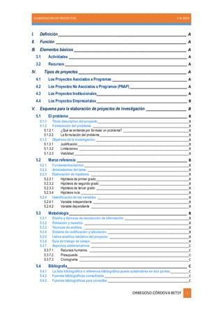 ELABORACIÓN DE PROYECTOS 7-8-2019
ORBEGOSO CÓRDOVA BETSY i
I. Definición _________________________________________________________ A
II. Función __________________________________________________________ A
III. Elementos básicos __________________________________________________ A
3.1 Actividades ____________________________________________________________ A
3.2 Recursos ______________________________________________________________ A
IV. Tipos de proyectos ________________________________________________ A
4.1 Los Proyectos Asociados a Programas ______________________________________ A
4.2 Los Proyectos No Asociados a Programas (PNAP) _____________________________ A
4.3 Los Proyectos Institucionales______________________________________________ A
4.4 Los Proyectos Empresariales______________________________________________ B
V. Esquema para la elaboración de proyectos de investigación __________________ B
5.1 El problema ____________________________________________________________ B
5.1.1 Título descriptivo del proyecto.______________________________________________________B
5.1.2 Formulación del problema. _________________________________________________________B
5.1.2.1 ¿Qué se entiende por formular un problema? _______________________________________B
5.1.2.2 La formulación del problema_____________________________________________________B
5.1.3 Objetivos de la investigación._______________________________________________________B
5.1.3.1 Justificación__________________________________________________________________B
5.1.3.2 Limitaciones _________________________________________________________________B
5.1.3.3 Viabilidad ____________________________________________________________________B
5.2 Marco referencia ________________________________________________________ B
5.2.1 Fundamentos teórico ______________________________________________________________B
5.2.2 Antecedentes del tema. ____________________________________________________________B
5.2.3 Elaboración de hipótesis. __________________________________________________________B
5.2.3.1 Hipótesis de primer grado_______________________________________________________B
5.2.3.2 Hipótesis de segundo grado _____________________________________________________B
5.2.3.3 Hipótesis de tercer grado _______________________________________________________B
5.2.3.4 Hipótesis nula ________________________________________________________________B
5.2.4 Identificación de las variables. ______________________________________________________B
5.2.4.1 Variable independiente _________________________________________________________B
5.2.4.2 Variable dependiente __________________________________________________________B
5.3 Metodología____________________________________________________________ B
5.3.1 Diseño y técnicas de recolección de información.______________________________________B
5.3.2 Población y muestra. ______________________________________________________________B
5.3.3 Técnicas de análisis. ______________________________________________________________B
5.3.4 Sistema de codificación y tabulación. ________________________________________________B
5.3.5 Índice analítico tentativo del proyecto. _______________________________________________B
5.3.6 Guía de trabajo de campo.__________________________________________________________B
5.3.7 Aspectos administrativos __________________________________________________________C
5.3.7.1 Recursos humanos. ___________________________________________________________C
5.3.7.2 Presupuesto. _________________________________________________________________C
5.3.7.3 Cronograma. _________________________________________________________________C
5.4 Bibliografía_____________________________________________________________ C
5.4.1 La lista bibliográfica o referencia bibliográfica puede subdividirse en dos partes:___________C
5.4.2 Fuentes bibliográficas consultadas.__________________________________________________C
5.4.3 Fuentes bibliográficas para consultar.________________________________________________C
 