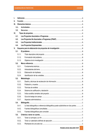 ELABORACIÓN DE PROYECTOS 6-8-2019
PIZAN LEIVA NILVER STIP i
I. Definición...............................................................................................................................A
II. Función..................................................................................................................................A
III. Elementos básicos.................................................................................................................A
3.1. Actividades....................................................................................................................A
3.2. Recursos........................................................................................................................A
IV. Tipos de proyectos.............................................................................................................A
4.1. Los Proyectos Asociados a Programas..........................................................................A
4.2. Los Proyectos No Asociados a Programas (PNAP).........................................................A
4.3. Los Proyectos Institucionales ........................................................................................A
4.4. Los Proyectos Empresariales.........................................................................................A
V. Esquema para la elaboración de proyectos de investigación..................................................B
5.1. El problema....................................................................................................................B
5.1.1. Título descriptivo del proyecto. ..................................................................................B
5.1.2. Formulación del problema.........................................................................................B
5.1.3. Objetivos de la investigación. ....................................................................................B
5.2. Marco referencia.............................................................................................................B
5.2.1. Fundamentos teóricos...............................................................................................B
5.2.2. Antecedentes del tema. ............................................................................................B
5.2.3. Elaboración de hipótesis. ..........................................................................................B
5.2.4. Identificación de las variables. ...................................................................................B
5.3. Metodología ...................................................................................................................B
5.3.1. Diseño y técnicas de recolección de información.........................................................B
5.3.2. Población y muestra. ................................................................................................B
5.3.3. Técnicas de análisis. ................................................................................................B
5.3.4. Sistema de codificación y tabulación. .........................................................................B
5.3.5. Índice analítico tentativo del proyecto.........................................................................B
5.3.6. Guía de trabajo de campo.........................................................................................B
5.3.7. Aspectos administrativos...........................................................................................C
5.4. Bibliografía.....................................................................................................................C
5.4.1. La lista bibliográfica o referencia bibliográfica puede subdividirse en dos partes:............C
5.4.2. Fuentes bibliográficas consultadas.............................................................................C
5.4.3. Fuentes bibliográficas para consultar. ........................................................................C
5.5. Criterios a tener en cuenta..............................................................................................C
5.5.1. Tener un principio y un fin .........................................................................................C
5.5.2. Tener un calendario definido de ejecución..................................................................C
5.5.3. Plantearse de una sola vez .......................................................................................C
 