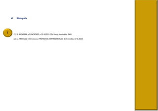 VI. Bibliografía
[1] G. XIOMARA, «FUNCIONES,» 10 4 2013. [En línea]. Available: GAR.
[2] C. AREVALO, Interviewee, PROYECTOS EMPRESARIALES. [Entrevista]. 10 5 2019.
 
