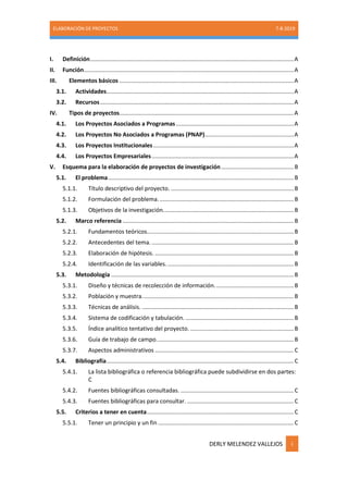 ELABORACIÓN DE PROYECTOS 7-8-2019
DERLY MELENDEZ VALLEJOS i
I. Definición..............................................................................................................................A
II. Función..................................................................................................................................A
III. Elementos básicos ............................................................................................................A
3.1. Actividades....................................................................................................................A
3.2. Recursos........................................................................................................................A
IV. Tipos de proyectos............................................................................................................A
4.1. Los Proyectos Asociados a Programas.........................................................................A
4.2. Los Proyectos No Asociados a Programas (PNAP).......................................................A
4.3. Los Proyectos Institucionales.......................................................................................A
4.4. Los Proyectos Empresariales........................................................................................A
V. Esquema para la elaboración de proyectos de investigación.............................................B
5.1. El problema...................................................................................................................B
5.1.1. Título descriptivo del proyecto. ............................................................................B
5.1.2. Formulación del problema....................................................................................B
5.1.3. Objetivos de la investigación.................................................................................B
5.2. Marco referencia ..........................................................................................................B
5.2.1. Fundamentos teóricos...........................................................................................B
5.2.2. Antecedentes del tema.........................................................................................B
5.2.3. Elaboración de hipótesis. ......................................................................................B
5.2.4. Identificación de las variables. ..............................................................................B
5.3. Metodología .................................................................................................................B
5.3.1. Diseño y técnicas de recolección de información.................................................B
5.3.2. Población y muestra..............................................................................................B
5.3.3. Técnicas de análisis. ..............................................................................................B
5.3.4. Sistema de codificación y tabulación. ...................................................................B
5.3.5. Índice analítico tentativo del proyecto. ................................................................B
5.3.6. Guía de trabajo de campo.....................................................................................B
5.3.7. Aspectos administrativos ......................................................................................C
5.4. Bibliografía....................................................................................................................C
5.4.1. La lista bibliográfica o referencia bibliográfica puede subdividirse en dos partes:
C
5.4.2. Fuentes bibliográficas consultadas. ......................................................................C
5.4.3. Fuentes bibliográficas para consultar. ..................................................................C
5.5. Criterios a tener en cuenta...........................................................................................C
5.5.1. Tener un principio y un fin ....................................................................................C
 