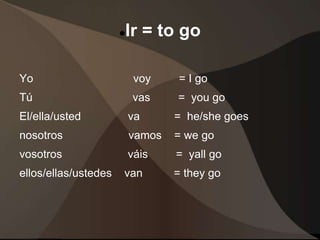 Ir = to go
Yo voy = I go
Tú vas = you go
El/ella/usted va = he/she goes
nosotros vamos = we go
vosotros váis = yall go
ellos/ellas/ustedes van = they go
 