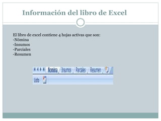 Información del libro de Excel
El libro de excel contiene 4 hojas activas que son:
-Nómina
-Insumos
-Parciales
-Resumen
 