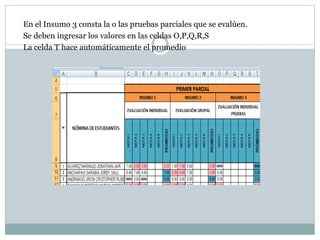 En el Insumo 3 consta la o las pruebas parciales que se evalúen.
Se deben ingresar los valores en las celdas O,P,Q,R,S
La celda T hace automáticamente el promedio
 