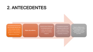 2. ANTECEDENTES
La domesticación del perro
por el hombre data de más
de 12 mil años. Se tiene
evidencia de la existencia
del perro en Mesoámérica
desde hace 8 mil años.
Origen del problema:
Hernán Cortés (1519) trajo
los primeros perros de
presa, una arma para
combatir a los pueblos
indígenas.
Se presentó la primera
epizootia de rabia en los
perros callejeros de la
ciudad, afectando también
al ganado y humanos.
El perro callejero es un
problema de Salud Pública
En 1709 Relación con la
Salud Pública, como
consecuencia se elevado
número de personas
agredidas.
 
