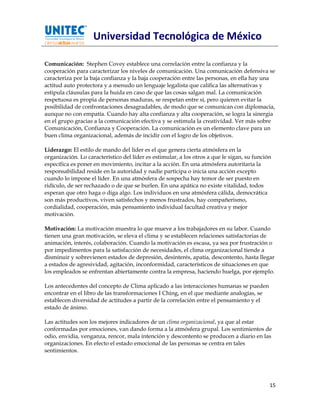 Universidad Tecnológica de México

Comunicación: Stephen Covey establece una correlación entre la confianza y la
cooperación para caracterizar los niveles de comunicación. Una comunicación defensiva se
caracteriza por la baja confianza y la baja cooperación entre las personas, en ella hay una
actitud auto protectora y a menudo un lenguaje legalista que califica las alternativas y
estipula cláusulas para la huida en caso de que las cosas salgan mal. La comunicación
respetuosa es propia de personas maduras, se respetan entre sí, pero quieren evitar la
posibilidad de confrontaciones desagradables, de modo que se comunican con diplomacia,
aunque no con empatía. Cuando hay alta confianza y alta cooperación, se logra la sinergia
en el grupo gracias a la comunicación efectiva y se estimula la creatividad. Ver más sobre
Comunicación, Confianza y Cooperación. La comunicación es un elemento clave para un
buen clima organizacional, además de incidir con el logro de los objetivos.

Liderazgo: El estilo de mando del líder es el que genera cierta atmósfera en la
organización. Lo característico del líder es estimular, a los otros a que le sigan, su función
específica es poner en movimiento, incitar a la acción. En una atmósfera autoritaria la
responsabilidad reside en la autoridad y nadie participa o inicia una acción excepto
cuando lo impone el líder. En una atmósfera de sospecha hay temor de ser puesto en
ridículo, de ser rechazado o de que se burlen. En una apática no existe vitalidad, todos
esperan que otro haga o diga algo. Los individuos en una atmósfera cálida, democrática
son más productivos, viven satisfechos y menos frustrados, hay compañerismo,
cordialidad, cooperación, más pensamiento individual facultad creativa y mejor
motivación.

Motivación: La motivación muestra lo que mueve a los trabajadores en su labor. Cuando
tienen una gran motivación, se eleva el clima y se establecen relaciones satisfactorias de
animación, interés, colaboración. Cuando la motivación es escasa, ya sea por frustración o
por impedimentos para la satisfacción de necesidades, el clima organizacional tiende a
disminuir y sobrevienen estados de depresión, desinterés, apatía, descontento, hasta llegar
a estados de agresividad, agitación, inconformidad, característicos de situaciones en que
los empleados se enfrentan abiertamente contra la empresa, haciendo huelga, por ejemplo.

Los antecedentes del concepto de Clima aplicado a las interacciones humanas se pueden
encontrar en el libro de las transformaciones I Ching, en el que mediante analogías, se
establecen diversidad de actitudes a partir de la correlación entre el pensamiento y el
estado de ánimo.

Las actitudes son los mejores indicadores de un clima organizacional, ya que al estar
conformadas por emociones, van dando forma a la atmósfera grupal. Los sentimientos de
odio, envidia, venganza, rencor, mala intención y descontento se producen a diario en las
organizaciones. En efecto el estado emocional de las personas se centra en tales
sentimientos.




                                                                                             15
 