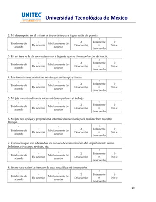 Universidad Tecnológica de México


2. Mi desempeño en el trabajo es importante para lograr subir de puesto.
                                                                         1
        5                               3
                        4                                  2        Totalmente       0
  Totalmente de                  Medianamente de
                   De acuerdo                         Desacuerdo        en          No se
     acuerdo                         acuerdo
                                                                    desacuerdo


3. En mi área se le da reconocimiento a la gente que se desempeña con eficiencia.
                                                                         1
        5                               3
                        4                                  2        Totalmente       0
  Totalmente de                  Medianamente de
                   De acuerdo                         Desacuerdo        en          No se
     acuerdo                         acuerdo
                                                                    desacuerdo


4. Los incentivos económicos, se otorgan en tiempo y forma.
                                                                         1
        5                               3
                        4                                  2        Totalmente       0
  Totalmente de                  Medianamente de
                   De acuerdo                         Desacuerdo        en          No se
     acuerdo                         acuerdo
                                                                    desacuerdo


5. Mi jefe me retroalimenta sobre mi desempeño en el trabajo.
                                                                         1
        5                               3
                        4                                  2        Totalmente       0
  Totalmente de                  Medianamente de
                   De acuerdo                         Desacuerdo        en          No se
     acuerdo                         acuerdo
                                                                    desacuerdo

6. MI jefe nos apoya y proporciona información necesaria para realizar bien nuestro
trabajo.
                                                                         1
        5                               3
                        4                                  2        Totalmente       0
  Totalmente de                  Medianamente de
                   De acuerdo                         Desacuerdo        en          No se
     acuerdo                         acuerdo
                                                                    desacuerdo


7. Considero que son adecuados los canales de comunicación del departamento como
boletines, circulares, revistas, etc.
                                                                         1
        5                               3
                        4                                  2        Totalmente       0
  Totalmente de                  Medianamente de
                   De acuerdo                         Desacuerdo        en          No se
     acuerdo                         acuerdo
                                                                    desacuerdo


8. Se me hace saber la forma en la cual se califica mi desempeño.
                                                                         1
        5                               3
                        4                                  2        Totalmente       0
  Totalmente de                  Medianamente de
                   De acuerdo                         Desacuerdo        en          No se
     acuerdo                         acuerdo
                                                                    desacuerdo

                                                                                            19
 
