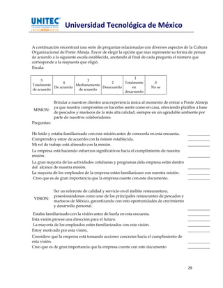 Universidad Tecnológica de México

A continuación encontrará una serie de preguntas relacionadas con diversos aspectos de la Cultura
Organizacional de Ponte Almeja. Favor de elegir la opción que mas represente su forma de pensar
de acuerdo a la siguiente escala establecida, anotando al final de cada pregunta el número que
corresponde a la respuesta que eligió.
Escala:

                                                   1
     5                      3
                4                       2     Totalmente                0
Totalmente            Medianamente
           De acuerdo              Desacuerdo     en                   No se
de acuerdo             de acuerdo
                                              desacuerdo

             Brindar a nuestros clientes una experiencia única al momento de entrar a Ponte Almeja
             ya que nuestro compromiso es hacerlos sentir como en casa, ofreciendo platillos a base
MISION:
             de pescados y mariscos de la más alta calidad, siempre en un agradable ambiente por
             parte de nuestros colaboradores.
Preguntas:

He leído y estaba familiarizado con esta misión antes de conocerla en esta encuesta.   ___________
Comprendo y estoy de acuerdo con la misión establecida.                                ___________
Mi rol de trabajo está alineado con la misión.                                         ___________
La empresa está haciendo esfuerzos significativos hacia el cumplimiento de nuestra
misión.                                                                                ___________
La gran mayoría de las actividades cotidianas y programas dela empresa están dentro
del alcance de nuestra misión.                                                         ___________
La mayoría de los empleados de la empresa están familiarizaos con nuestra misión.      ___________
Creo que es de gran importancia que la empresa cuente con este documento.              ___________


             Ser un referente de calidad y servicio en el ámbito restaurantero,
             posesionándonos como uno de los principales restaurantes de pescados y
 VISION:
             mariscos de México, garantizando con esto oportunidades de crecimiento
             y desarrollo personal.
                                                                                       ___________
Estaba familiarizado con la visión antes de leerla en esta encuesta.                   ___________
Esta visión provee una dirección para el futuro.                                       ___________
La mayoría de los empleados están familiarizados con esta visión.                      ___________
Estoy motivado por esta visión.                                                        ___________
Considero que la empresa está tomando acciones concretas hacia el cumplimiento de
esta visión.                                                                           ___________
Creo que es de gran importancia que la empresa cuente con este documento               ___________




                                                                                       29
 