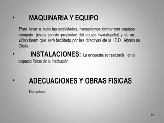 •         MAQUINARIA Y EQUIPO
    Para llevar a cabo las actividades, necesitamos contar con equipos
    cómputo (estos son de propiedad del equipo investigador) y de un
    video beam que será facilitado por las directivas de la I.E.D. Alonso de
    Olalla.
•          INSTALACIONES: La encuesta se realizará                  en el
    espacio físico de la Institución



•         ADECUACIONES Y OBRAS FISICAS
          No aplica




                                                                               19
 