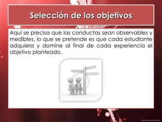 Selección de los objetivos Aquí se precisa que las conductas sean observables y medibles, lo que se pretende es que cada estudiante adquiera y domine al final de cada experiencia el objetivo planteado. 